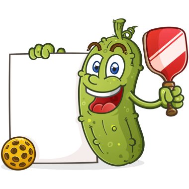 Pickleball pickle cartoon character with attitude holding a big blank poster sign perfect for an announcement, restaurant menu or a sporting schedule vector clip art