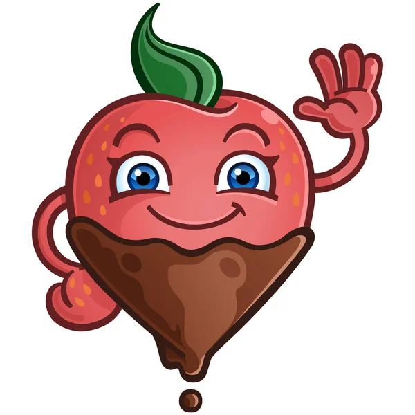 Schokoladenüberzogener Erdbeer Cartoon Mit Einem Großen Fröhlichen Lächeln Und Winken — Stockvektor