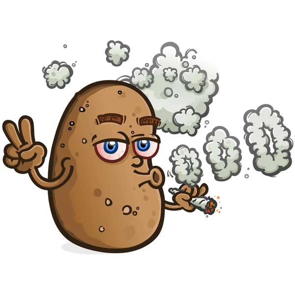 Baked Potato Cartoon Character Blowing Smoke Rights Flashing Peace Sign — Stock Vector