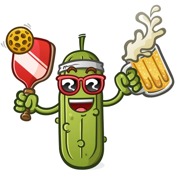 Pickle Cartoon Figur Trinkt Einen Großen Frostigen Becher Eiskaltes Bier — Stockvektor