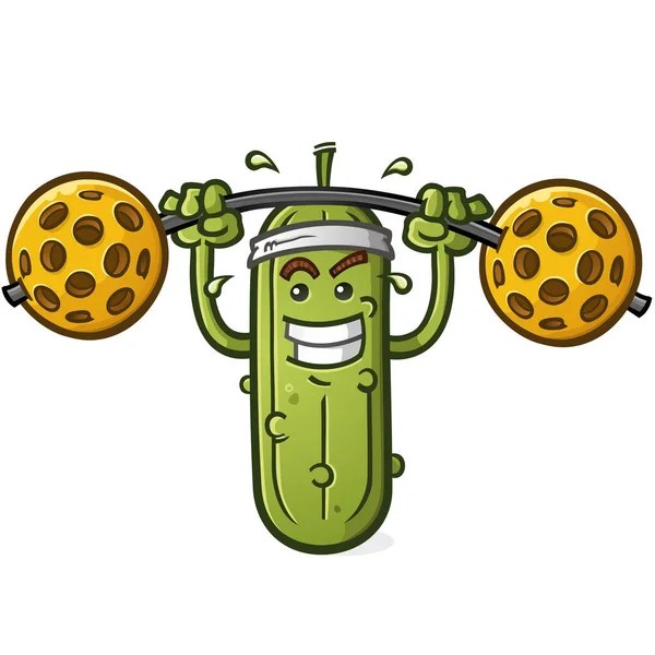 Pickle Cartoon Charakter Gewicht Heben Eine Große Schwere Pickleball Langhantel — Stockvektor