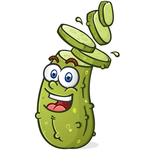 Pickle cartoon character with his head sliced into sandwich style dill pickle slices with a big joyful smile on his face