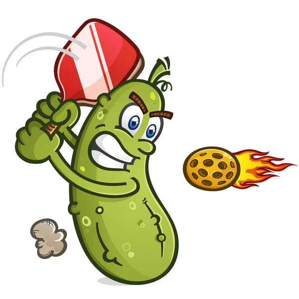 Pickle Personagem Dos Desenhos Animados Tendo Balanço Duro Pickleball Velocidade —  Vetores de Stock