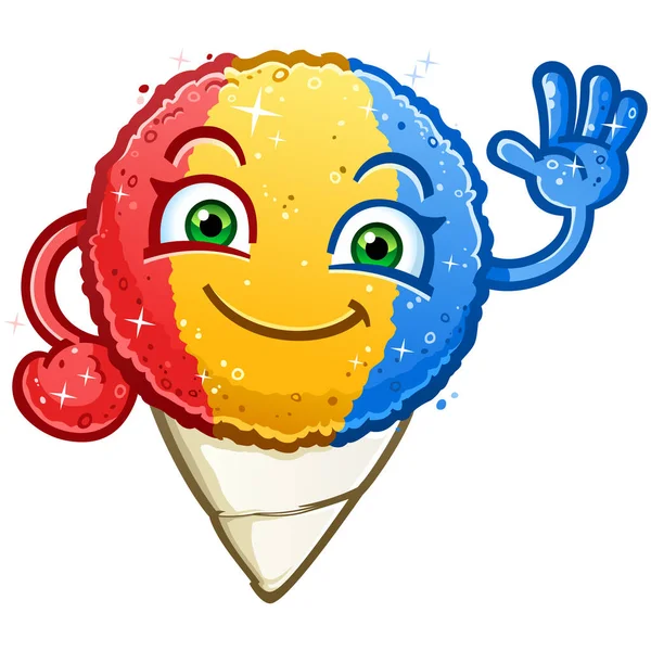 Rainbow Snow Cone Cartoon Character Refrescante Dulce Helado Saludando Feliz — Vector de stock