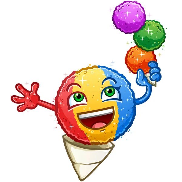 在炎热的夏日里 雪球卡通人物清新的彩虹甜甜的冰糖平衡着三勺橙子和葡萄刨冰 图库矢量图片