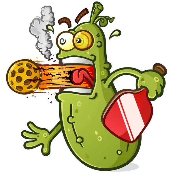 Crazy Pickleball Cartoon Figur Feuert Eine High Speed Essiggurke Feuerball — Stockvektor
