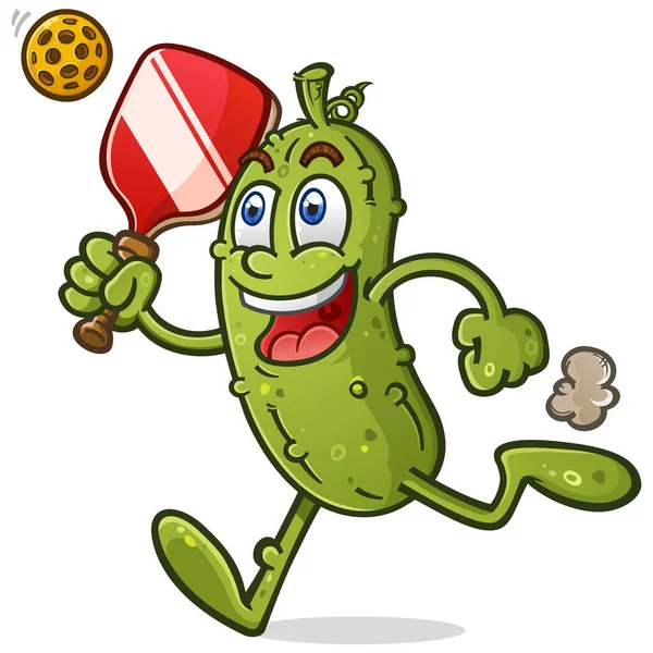 Pickle Cartoon Läuft Sein Paddel Schwingen Während Eines Hitzigen Matches — Stockvektor