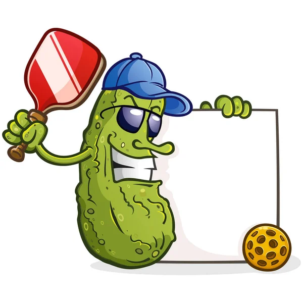 Ein Pickle Cartoon Der Ein Pickleball Paddel Und Ball Mit — Stockvektor
