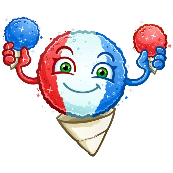 桜と青のラズベリーの雪のコーンを保持する赤白と青の雪のコーンの漫画のキャラクターと7月の4日に大きな笑顔と休日のためのアメリカの色をスポーツ — ストックベクタ