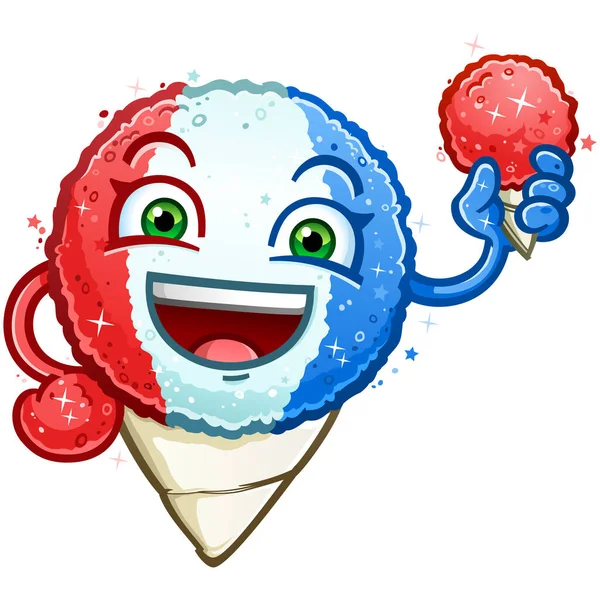 赤白と青の雪のコーン漫画のキャラクターは 7月の4日に大きな笑みを浮かべて桜の雪のコーンを保持し 休日のためのアメリカの色をスポーツ — ストックベクタ