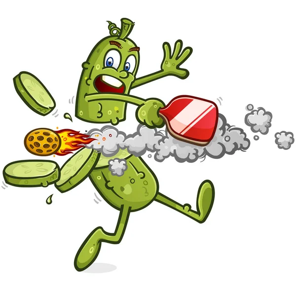 Pickleball Cartoonfigur Immer Absolut Durch Eine Hohe Geschwindigkeit Beschleunigt Essiggurke — Stockvektor