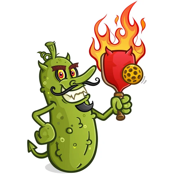 Pickle Devil Cartoon Red Flaming Paddle Horns Sharp Pointy Demon — Stockvector