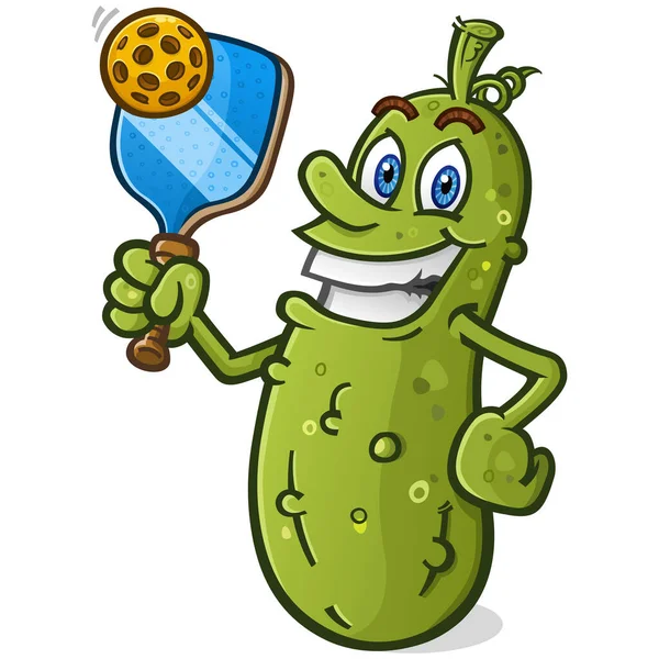 Cool Pickleball Cartoon Character Holding Pickle Ball Racket Big Toothy — ストックベクタ