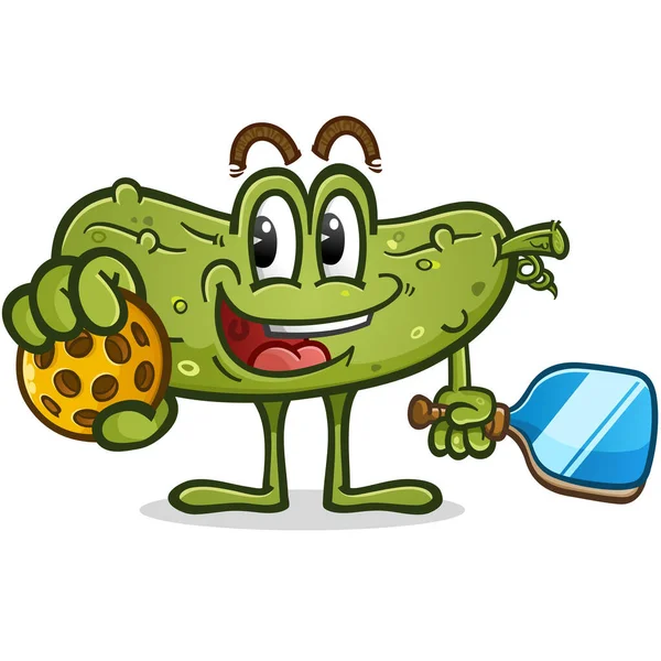Personagem Desenho Animado Bonito Pickle Curto Segurando Uma Bola Pickleball —  Vetores de Stock