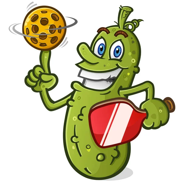 Pickle Cartoon Mit Attitüde Der Einen Gelben Plastik Pickleball Auf — Stockvektor