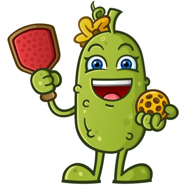 Sarı çiçekli yaylı sevimli turşu çizgi film karakteri elinde bir yankesiciyle mutlu bir maç için hazır bekliyor.