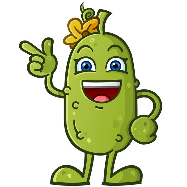 Bedårande Söt Pickle Tecknad Karaktär Med Gul Blomma Rosett Pekar — Stock vektor