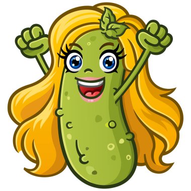 Blonde pickle girl cartoon character with full eyelashes and pink lipstick cheering with her fists in the air with fun loving excitement clipart