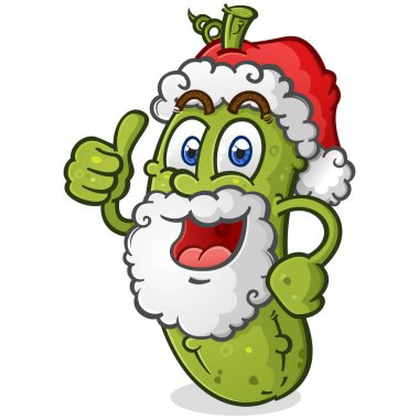 Christmas Pickle cartoon character wearing a santa hat with a big white snowy beard giving an enthusiastic thumbs up full of holiday cheer clipart