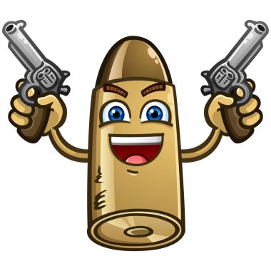 Smiling Bullet cartoon character dual wielding double handgun pistols with angry republican expression because he is celebrating his freedom to practice his second amendment right to bear arms with liberty and justice for all clipart