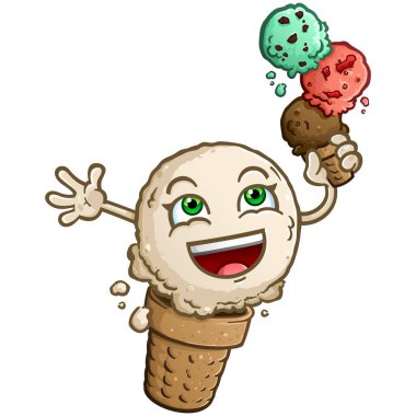 Vanilya aromalı dondurma karakteri elinde çikolata, nane ve çilekli dondurma külahı ve kollarını açmış gülüyor.