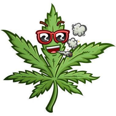 Marihuana yaprağı çizgi film karakteri, havalı, kırmızı güneş gözlüğü takıyor, esrar içiyor.