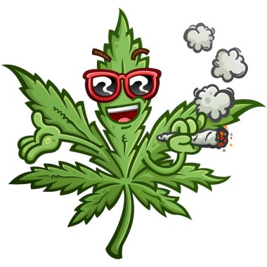 Marihuana yaprağı çizgi film karakteri, havalı, kırmızı güneş gözlüğü takıyor, açık kollu esrar içiyor. 