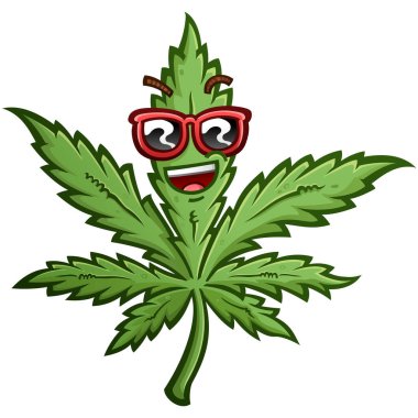 Marihuana yaprağı çizgi film karakteri, havalı tavırlı, sırıtan kırmızı güneş gözlüğü takan.