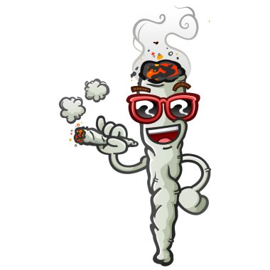 Marihuana ortak çizgi film karakteri havalı bir tavırla şık güneş gözlüğü takıyor ve yüzünde kocaman bir gülümsemeyle büyük bir ot tüttürüyor.