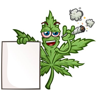 Marihuana marihuana yaprağı çizgi film karakteri, havalı tavırlı, kan çanağı gibi kırmızı gözlü, büyük bir cigara tüttüren, uçmuş, elinde reklam ve promosyon için boş bir afiş tutarken kocaman gülümseyen.