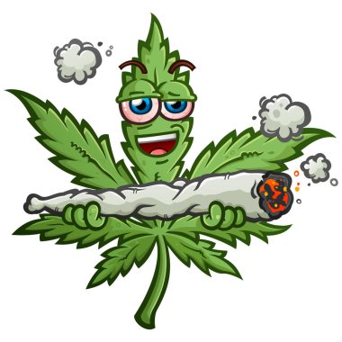 marijuana pot leaf cartoon character with a cool attitude and bloodshot red eyes holding a gigantic large burning doobie joint and smiling big in his intoxicated state of mind clipart