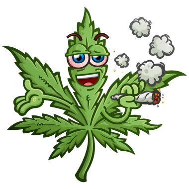 marijuana pot leaf cartoon character with a cool attitude and bloodshot red eyes smoking a fat doobie joint with his arms outstretched for a dude hug clipart