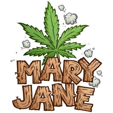 Cartoon Pot Leaf with Wooden Lettering spelling out Mary Jane  Cannabis-Themed clip art for advertising and promotion clipart