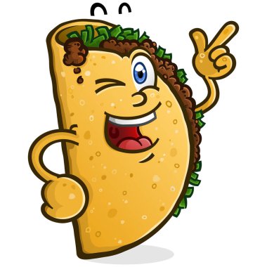 Komik çizgi film taco maskotu karakteri neşeli bir ifadeyle göz kırpıyor ve işaret ediyor. Tortilla, sığır eti, marul ve peynirin yer aldığı eğlenceli Meksika yemekleri çizimi. Taco Salısı, fast food temaları ve komik vektör çizimleri için mükemmel..