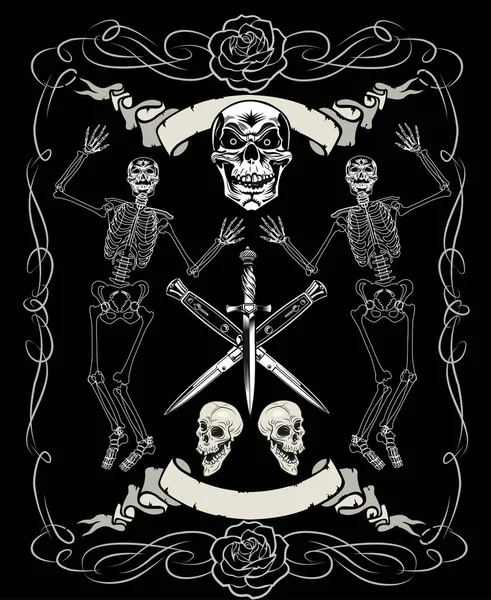 Skeleton Skull Ancient Dagger — Stock Vector