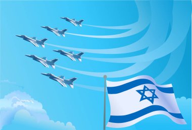 İsrail Ulusal bayrağı ve mavi gökyüzünde dalgalanan askeri jetler.
