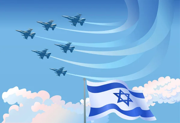 İsrail Ulusal bayrağı ve mavi gökyüzünde dalgalanan askeri jetler.