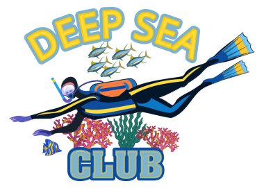 Dalgıç ve mercan resifleri ile mavi denizde balıklar