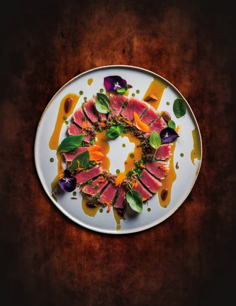 A plate of Marinated Tuna steak sliced, garnished by flakes of diced mango, green leaves, flowers and a pesto of black olives, capers and cilantro. The recipe are seasoning with a marinade of soy sauce, honey, olive oil, apple cider vinegar and dates