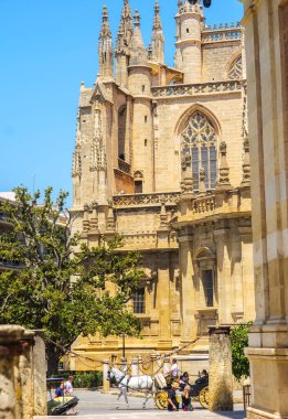 Seville, İspanya - 27 Temmuz 2023. At arabası turistleri Seville Katedrali 'nin güney tarafına götürüyor. Sevilla, Endülüs, İspanya.