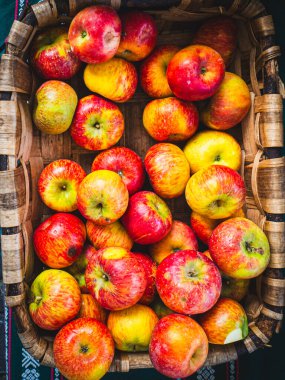 Marketteki taze Reinette elmasıyla dolu sepsiyona yakın çekim..