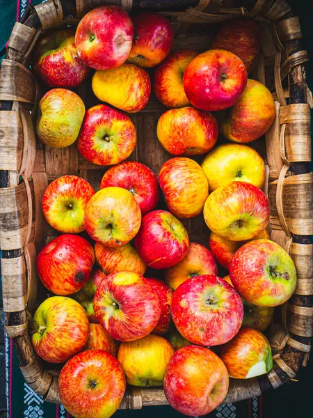 Marketteki taze Reinette elmasıyla dolu sepsiyona yakın çekim..