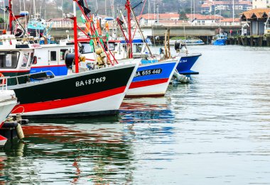 Saint-Jean-de-Luz, Fransa - 29 Ocak 2025: Saint-Jean-de-Luz limanında renkli balıkçı tekneleri limana yanaştı.