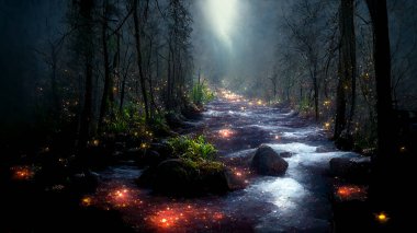 Mystery background river flowing in dark forest. Fantasy fairytale outdoor river with moonlight background. 3D rendering image.	