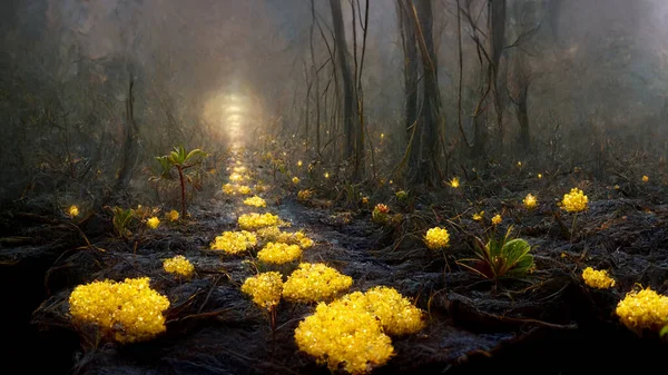 Fantasie Sprookje Achtergrond Met Gele Bloem Bloeien Het Bos Weergave — Stockfoto
