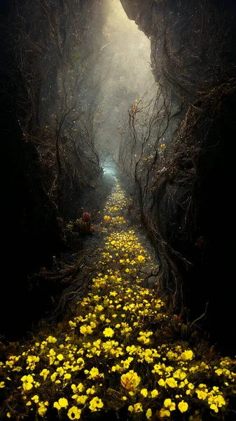 Fantezie Fundal Basm Flori Galbene Înflorind Pădure Tapet Telefon Imagine — Fotografie, imagine de stoc