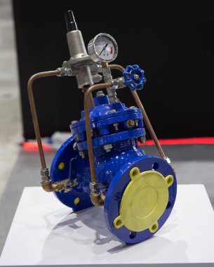 Pressure reducing valve PRV. Pillot controlled hydraulic operated. Industrial process valve.	