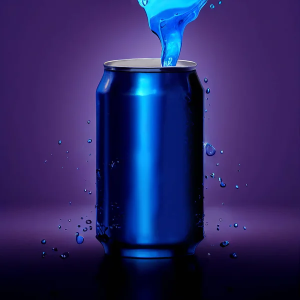 Bebida Bebida Azul Lata Con Salpicadura Agua Sobre Fondo Púrpura — Foto de Stock