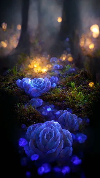 Φανταστικό Παραμύθι Φόντο Δάσος Ανθίζοντας Βιολετί Τριαντάφυλλα Λουλούδι Υπέροχο Παραμυθένιο — Φωτογραφία Αρχείου