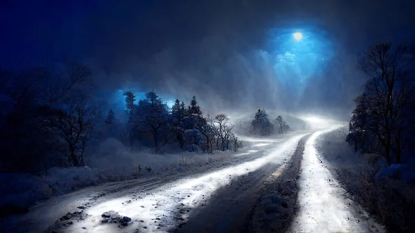 Dark night road winter forest. Dramatic sky moonlight. 3D illustration.